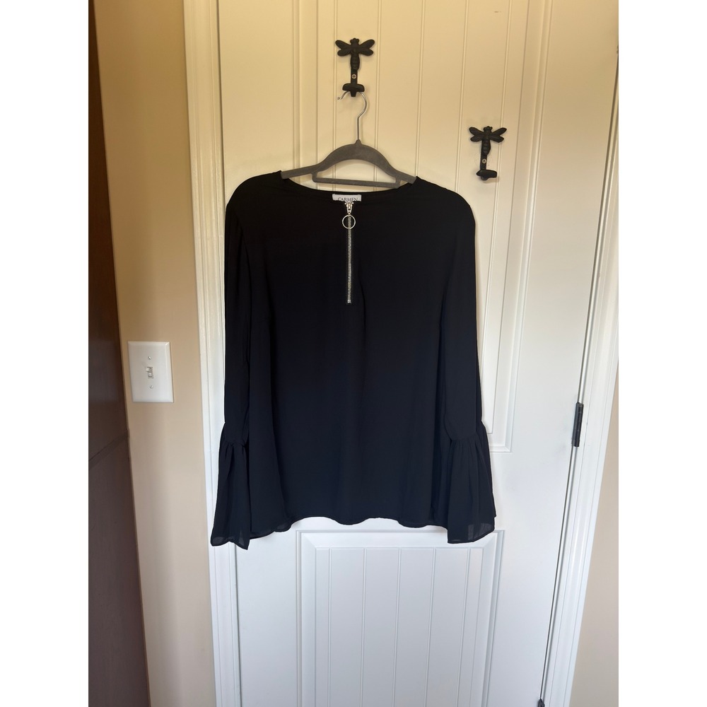 Carmen Marc Valvo Black Bell Sleeve Half Zip Chiffon Blouse XL